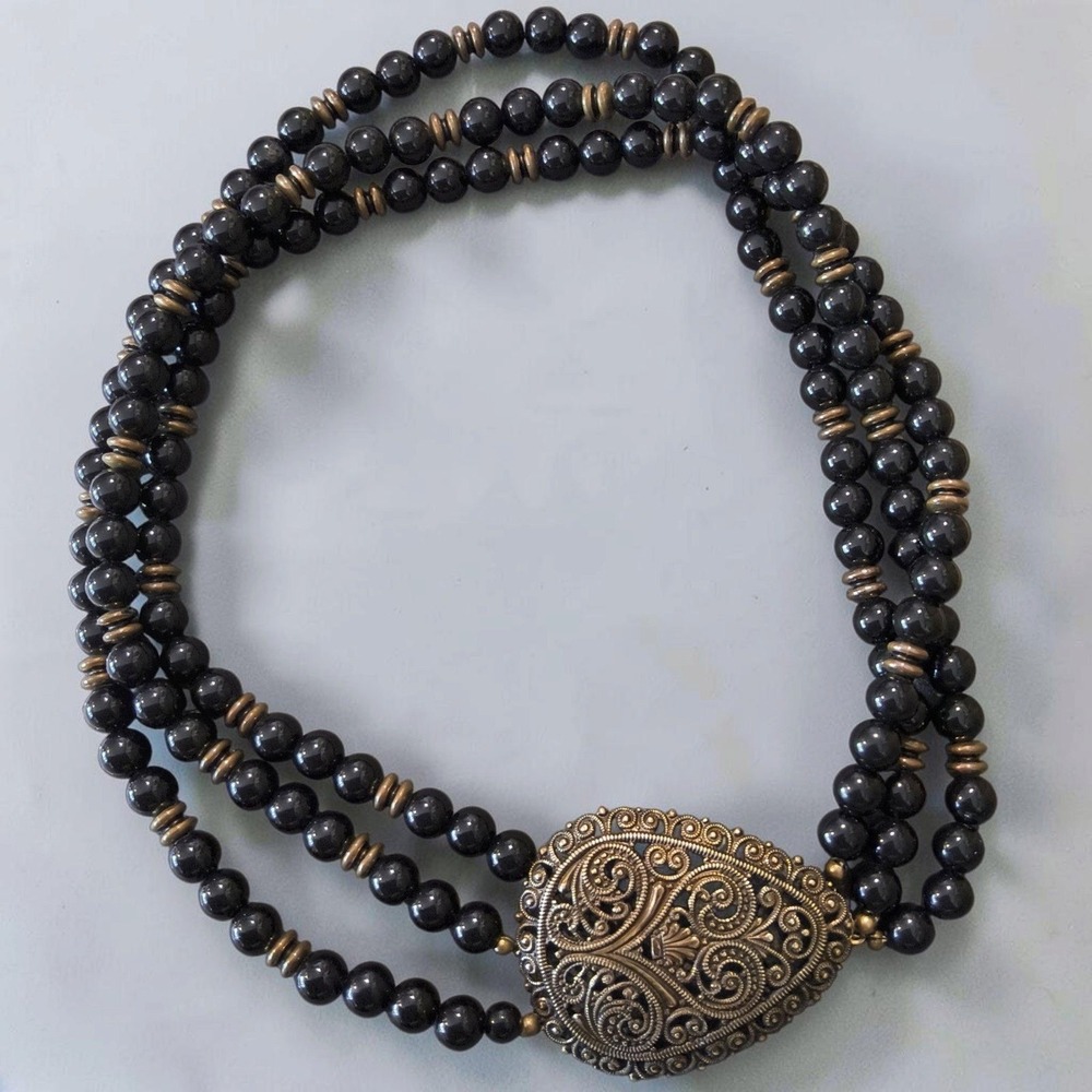 Vintage Miriam Haskell Black Glass 3 Strand Necklace Russian Gold Tone Filigree